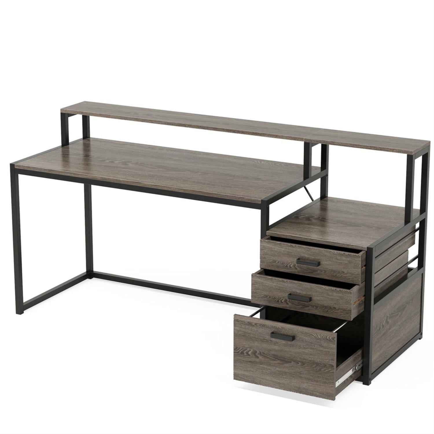 Demi Bonn Modern L Shaped Gaming Desk, 63" Ergonomic Office Corner Executive Desk with Drawers and Monitor Stand for Home Office, Gray