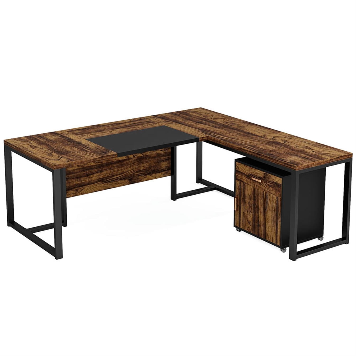 Demi Bonn Modern L Shaped Gaming Desk, 71" Executive Desk with Mobile Lateral File Cabinet for Home Office, Brown