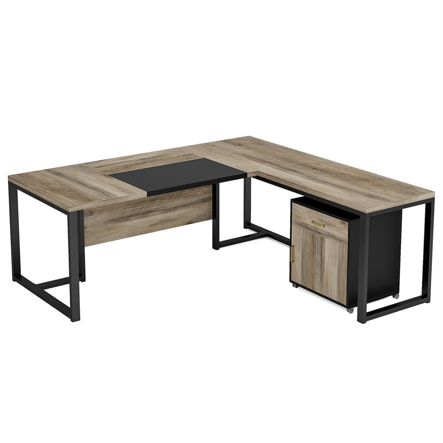 Demi Bonn Modern L Shaped Gaming Desk, 71" Executive Desk with Mobile Lateral File Cabinet for Home Office, Gray