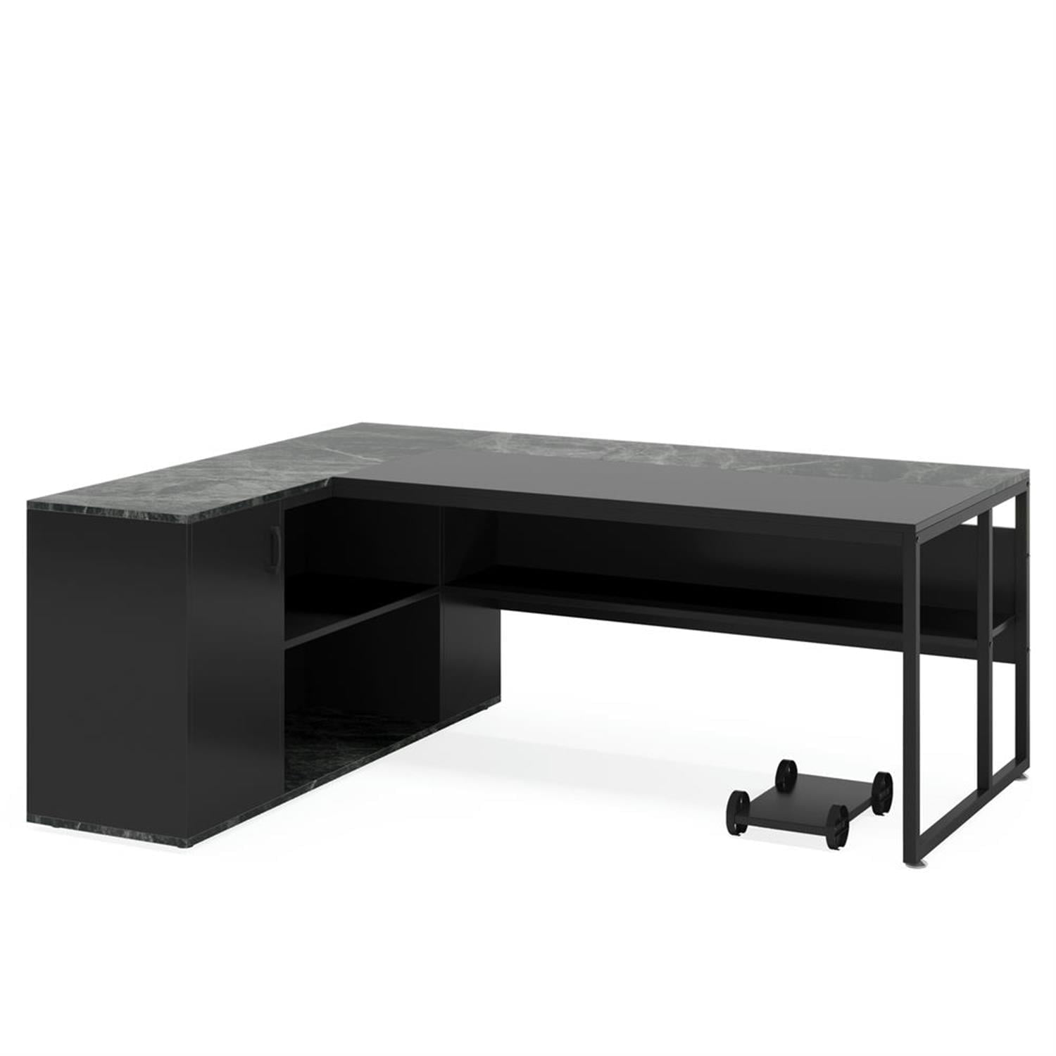 Demi Bonn Modern L Shaped Gaming Desk, 71" Executive Desk with Shelves and Lateral File Cabinet for Home Office, Black