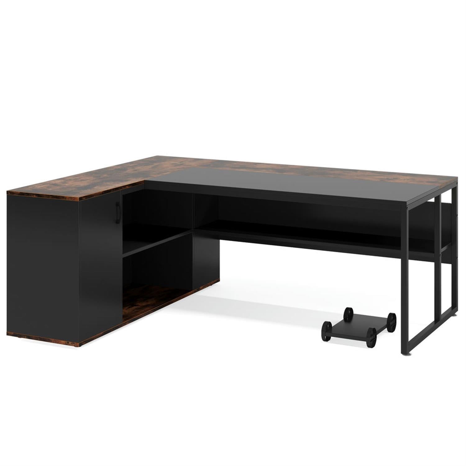 Demi Bonn Modern L Shaped Gaming Desk, 71" Executive Desk with Shelves and Lateral File Cabinet for Home Office, Brown