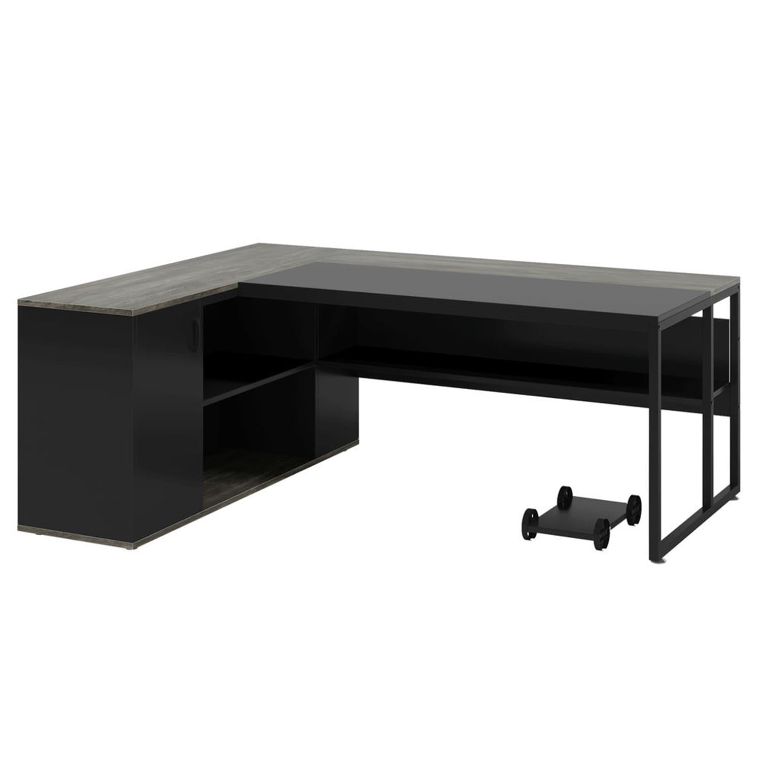 Demi Bonn Modern L Shaped Gaming Desk, 71" Executive Desk with Shelves and Lateral File Cabinet for Home Office, Gray