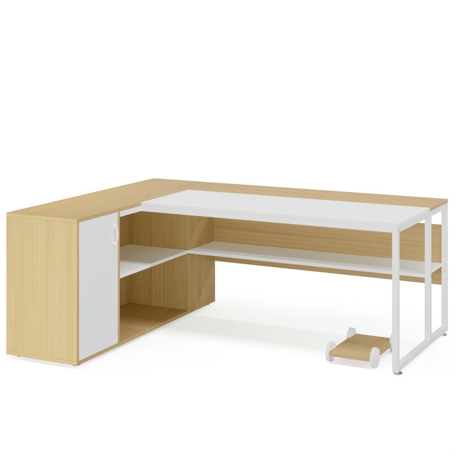 Demi Bonn Modern L Shaped Gaming Desk, 71" Executive Desk with Shelves and Lateral File Cabinet for Home Office, White