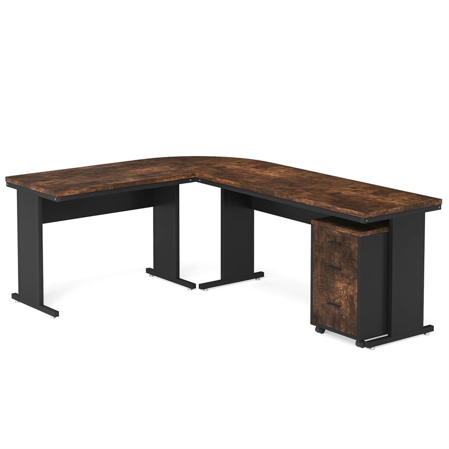 Demi Bonn Modern L Shaped Gaming Desk, 83" Industrial Corner Executive Desk with Mobile File Cabinet for Home Office, Brown