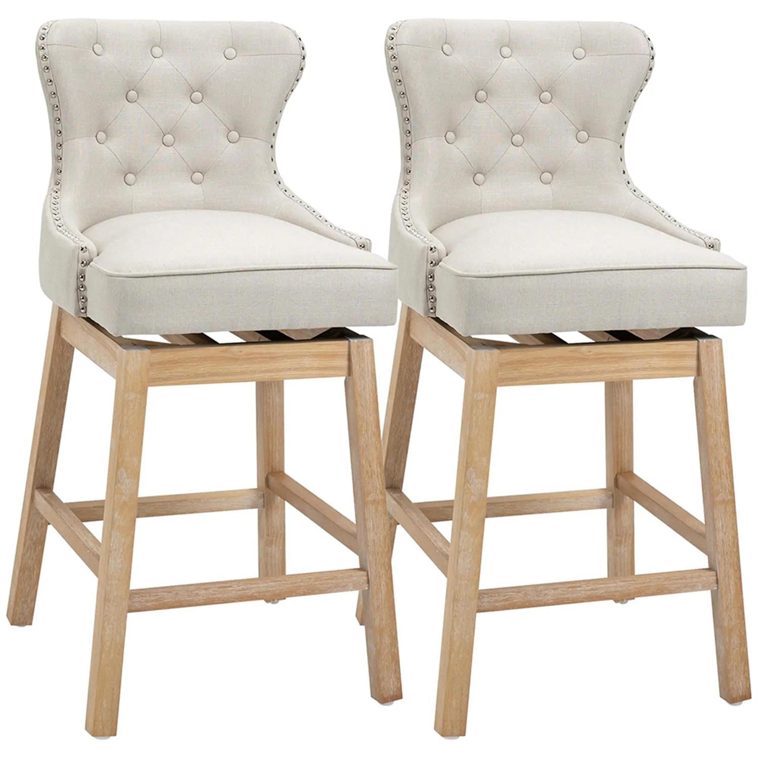 Demi Bonn Modern Memory Swivel Bar Stool Set of 2, Cushioned Bar 30" Seat Height Stool with Tufted Back, Nailhead-Trim and Solid Wood Legs, White