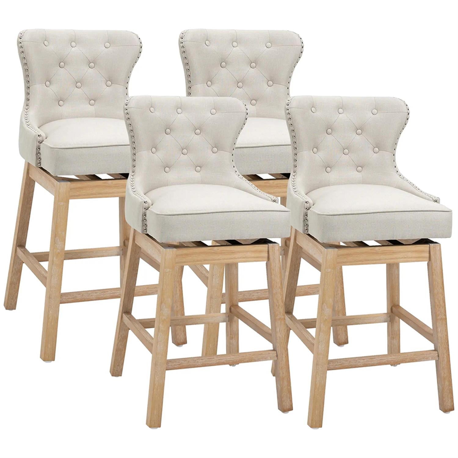 Demi Bonn Modern Memory Swivel Bar Stool Set of 4, Cushioned Bar 30" Seat Height Stool with Tufted Back, Nailhead-Trim and Solid Wood Legs, White