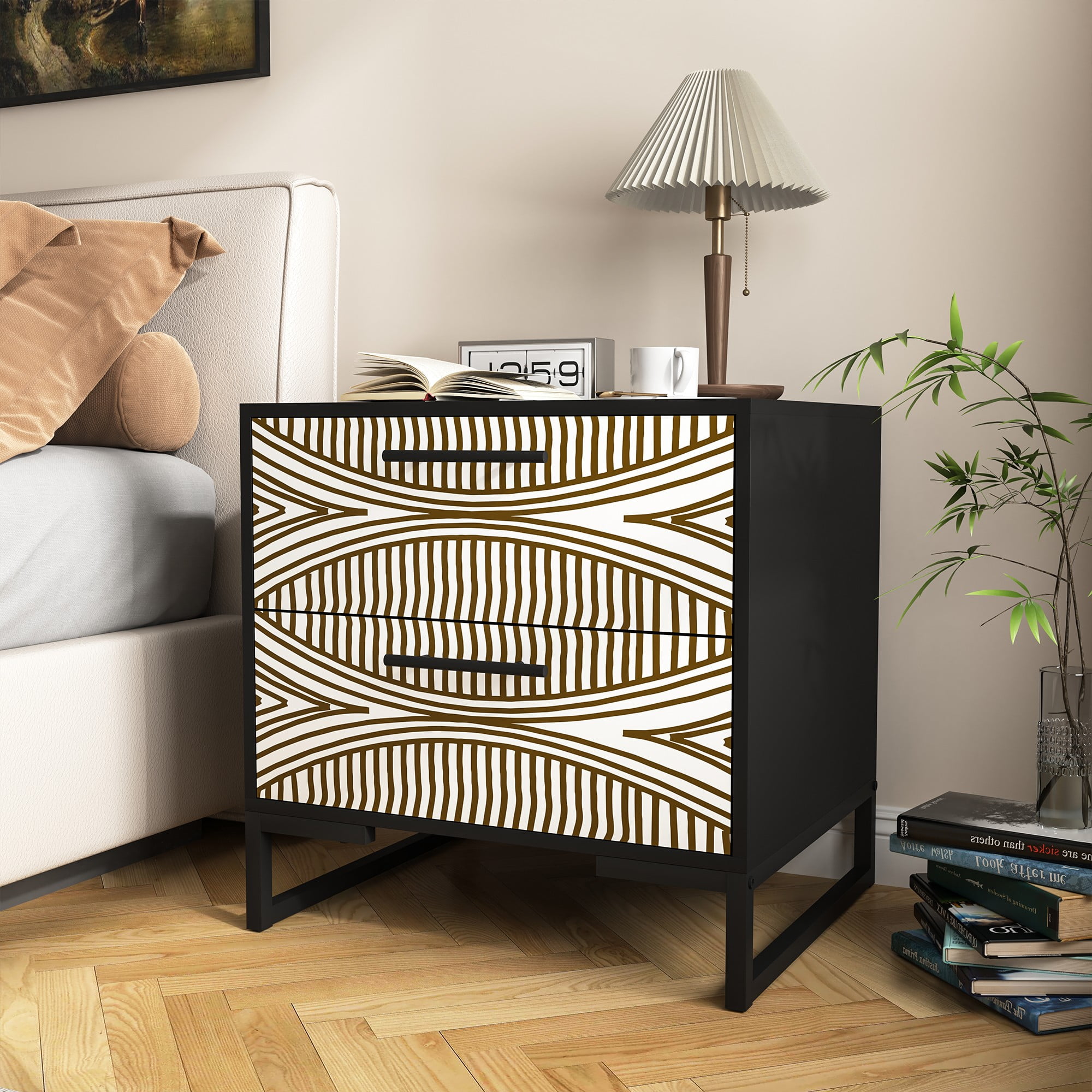 Finihen Modern Nightstand, Side Table with 2 Drawer, 3D Painted Design End Table with Metal Legs for Bedroom, Dorm and Small Spaces, Black