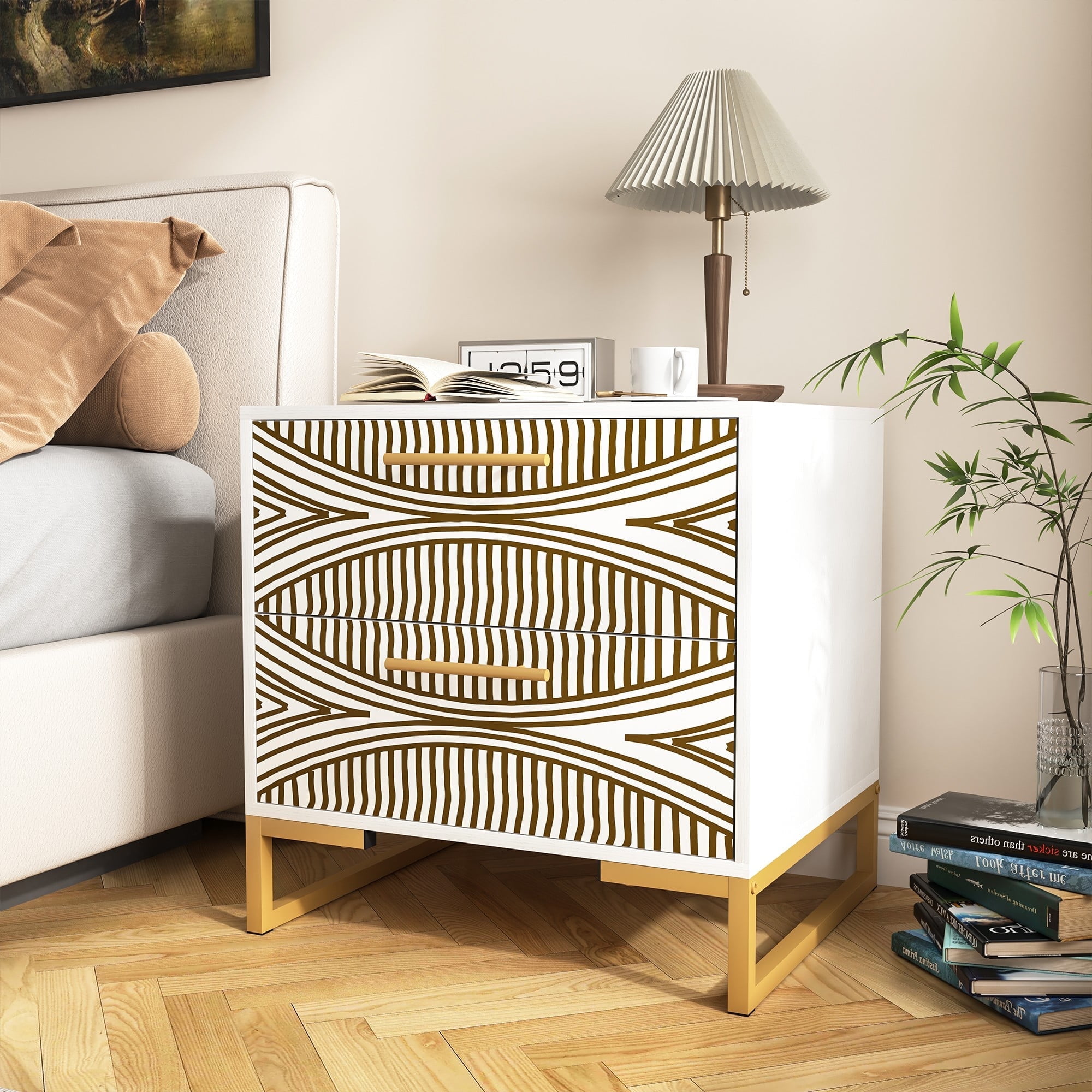 Demi Bonn Modern Nightstand, Side Table with 2 Drawer, 3D Painted Design End Table with Metal Legs for Bedroom, Dorm and Small Spaces, White