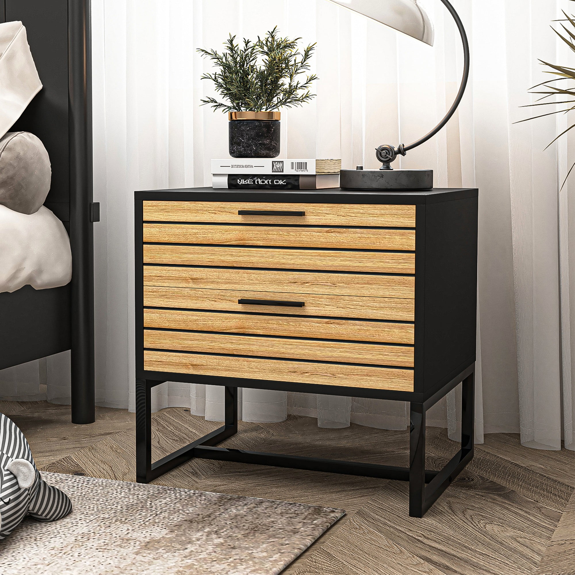 Finihen Modern Nightstand, Side Table with 2 Drawer, Accent Bedside End Table with Metal Legs for Bedroom, Dorm and Small Spaces, Black Finihen Modern Nightstand, Side Table with 2 Drawer, Accent Bedside End Table with Metal Legs for Bedroom, Dorm and Small Spaces, Black