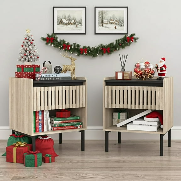 Demi Bonn Set of 2 Modern Nightstand with Minimalist Iron Foot Design, Vertical Stripe Elements, Bedside Cabinets for Contemporary Homes, Beige