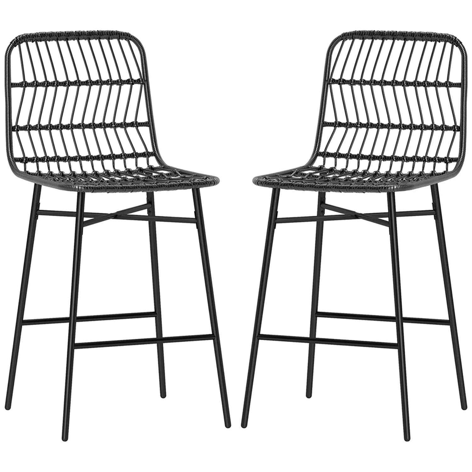 Demi Bonn Modern Rattan Counter Bar Stool Set of 2, 26" Counter Height Bar Stool with Back and Steel Legs for Kitchen, Dinning Room, Black