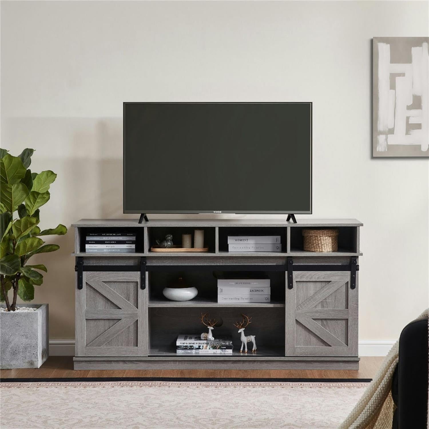 Demi Bonn Modern TV Stand with Sliding Barn Door, Farmhouse Wood Entertainment Center, Storage Cabinet Table Living Room with Adjustable Shelves for TVs Up to 65", Gray