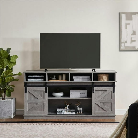 Demi Bonn Modern TV Stand with Sliding Barn Door, Farmhouse Wood Entertainment Center, Storage Cabinet Table Living Room with Adjustable Shelves for TVs Up to 65", Gray
