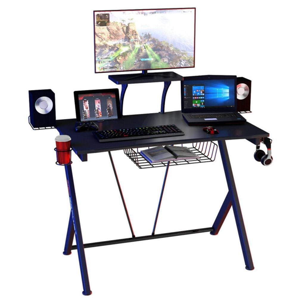 Finihen Multifunctional E-Sport Gaming Desk with Headset Hook and Cup Holder, Small Home Office Desk Study Writing Table, Black Finihen Multifunctional E-Sport Gaming Desk with Headset Hook and Cup Holder, Small Home Office Desk Study Writing Table, Black