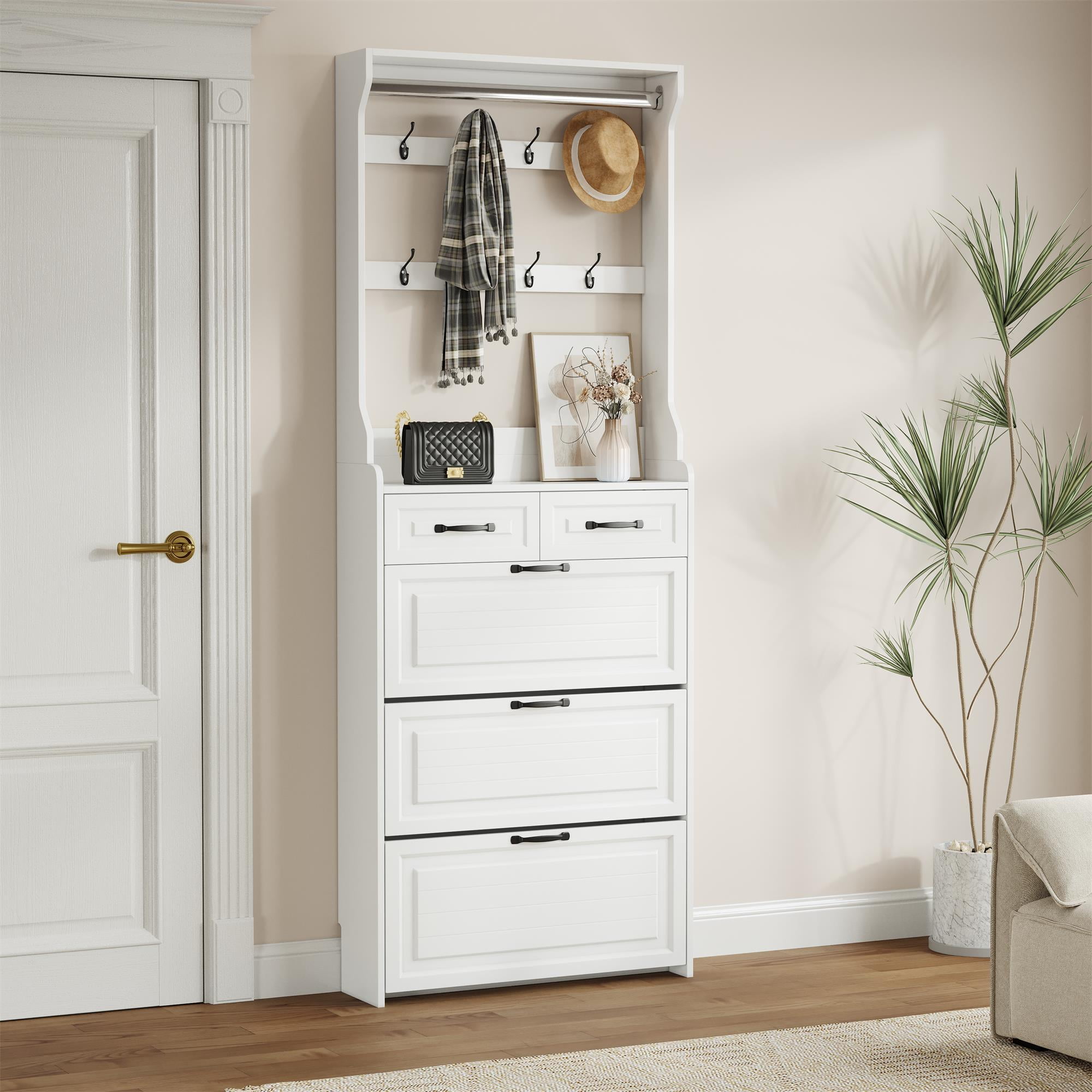 Finihen Narrow Shoe Storage Cabinet, Shoe Cabinet for Entryway with 3 Flip Drawers and Hanging Rack, Wood Hidden Freestanding Shoe Organizer for Hallway, Bedroom, Apartment, White Finihen Narrow Shoe Storage Cabinet, Shoe Cabinet for Entryway with 3 Flip Drawers and Hanging Rack, Wood Hidden Freestanding Shoe Organizer for Hallway, Bedroom, Apartment, White
