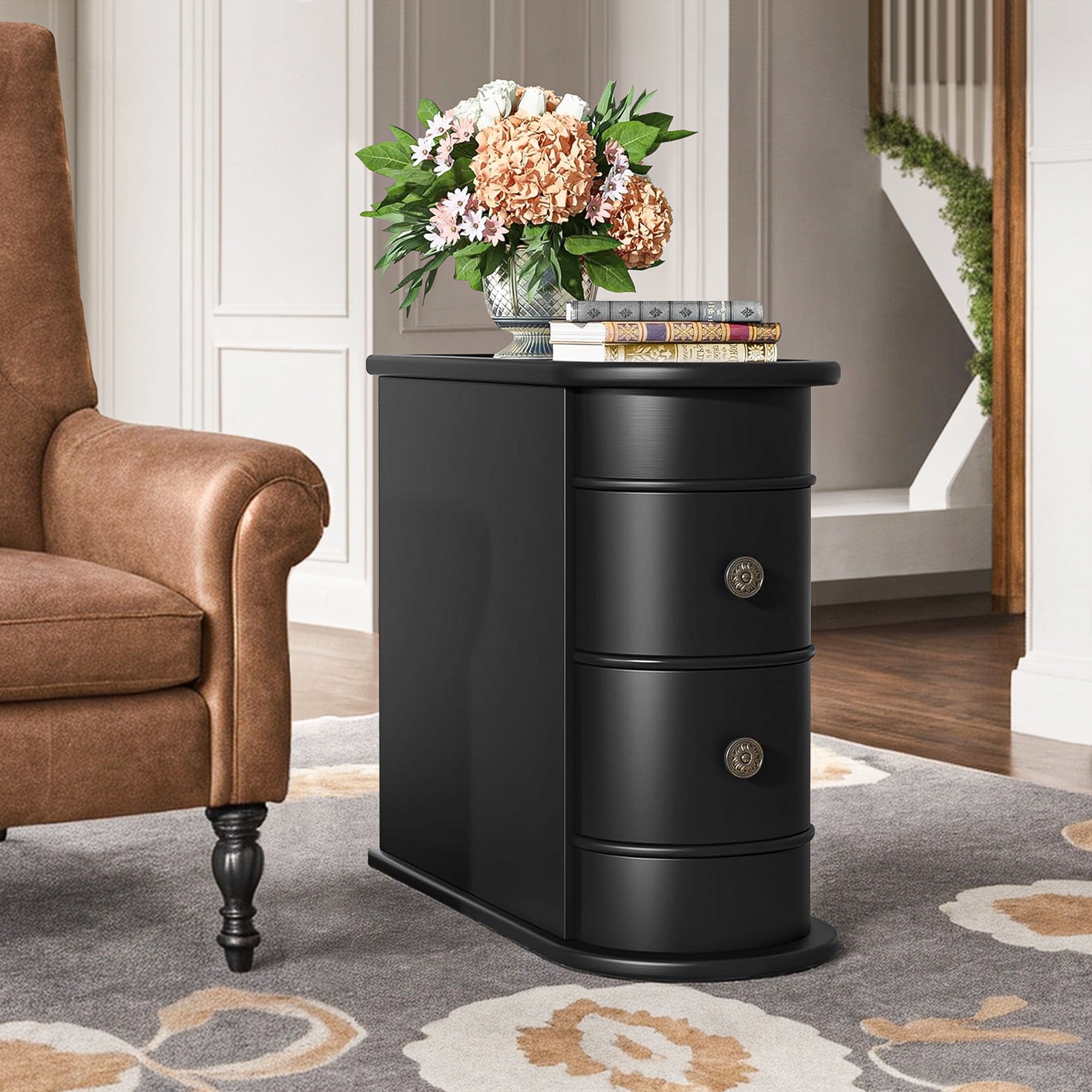 Demi Bonn Narrow Side Table with 2 Drawers, Wood Side End Table, Nightstand and Bedside Table with Storage, for Small Spaces, Black