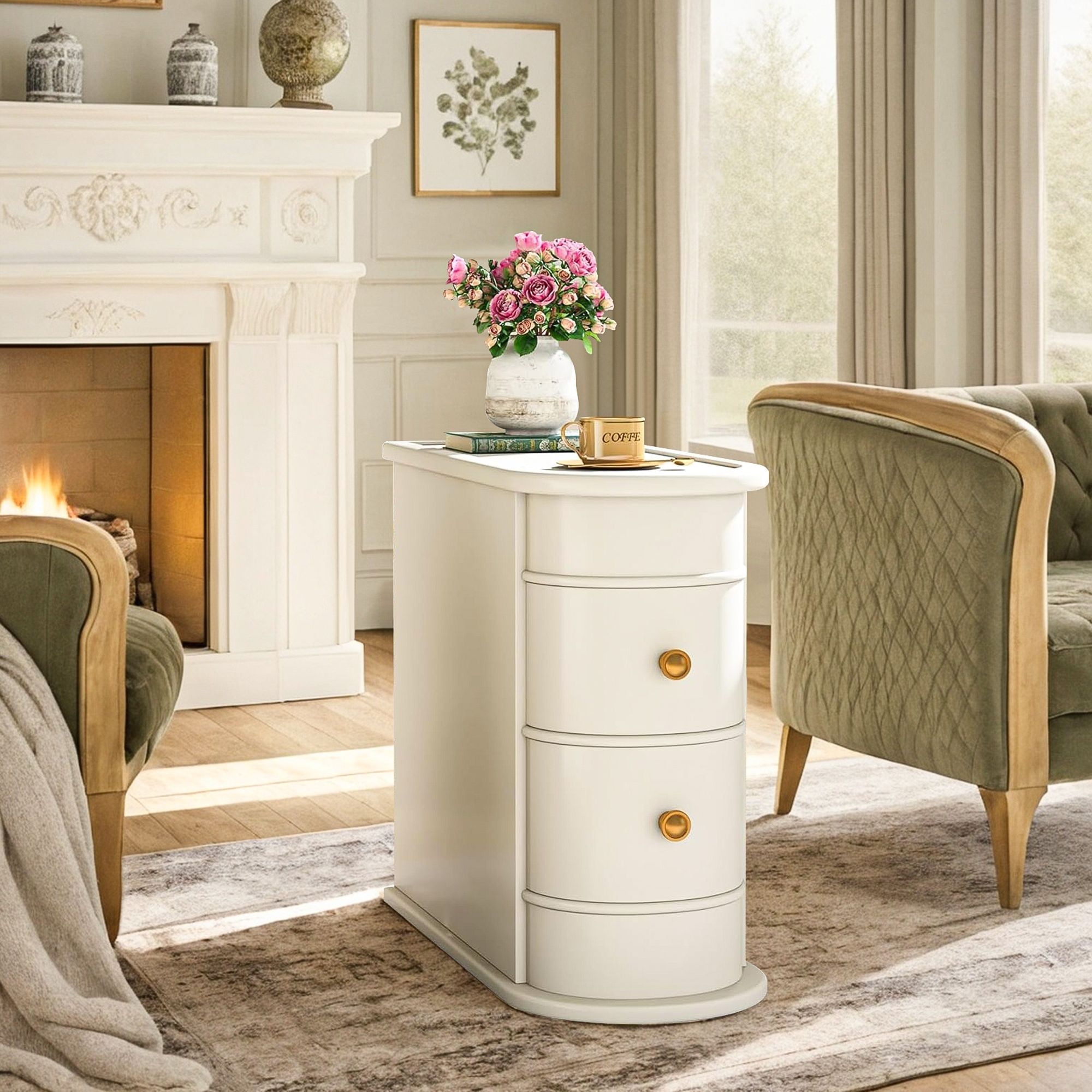 Demi Bonn Narrow Side Table with 2 Drawers, Wood Side End Table, Nightstand and Bedside Table with Storage, for Small Spaces, White