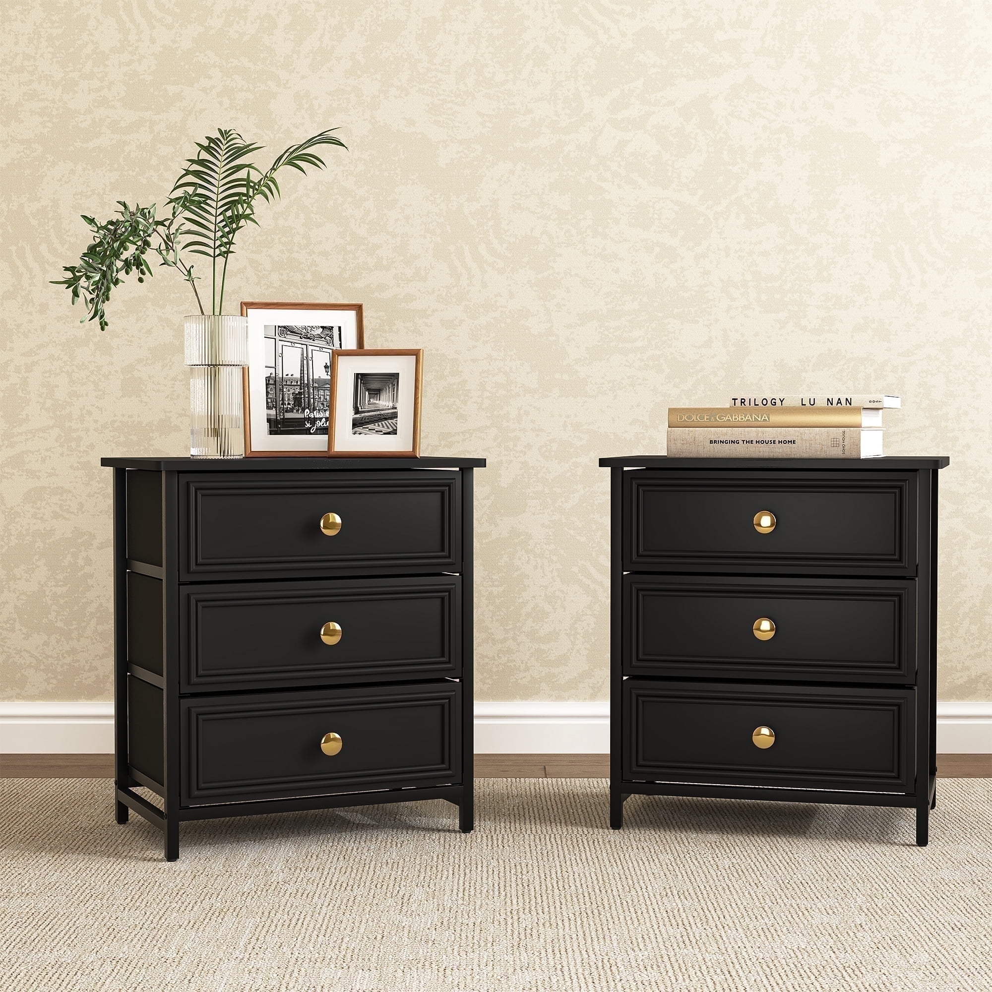 Demi Bonn Nightstand Set of 2, Bedside Table with 3 Decorated Drawers, Wood Accent Side End Table with Storage for Bedroom, Black