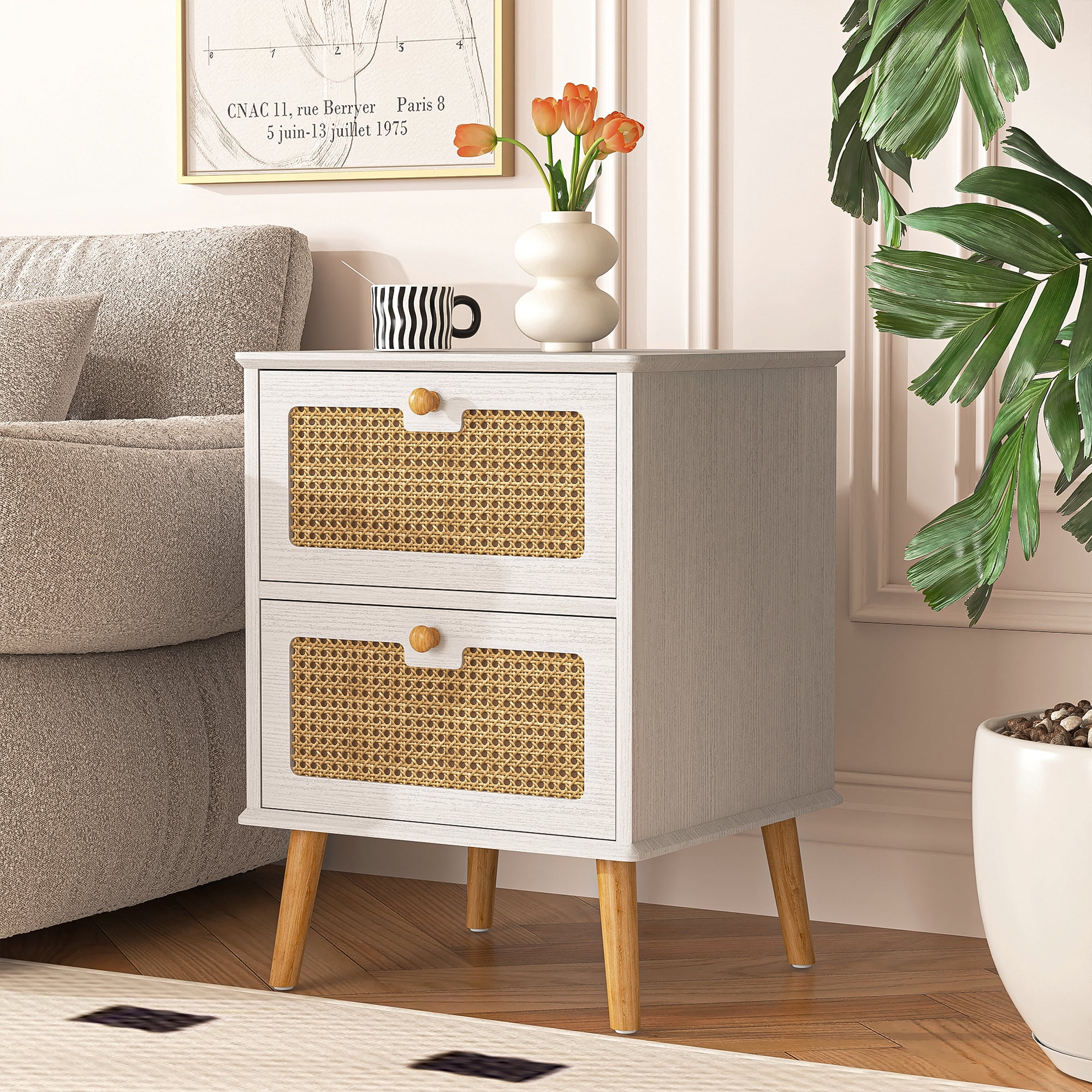 Finihen Nightstand, End Table, Side Table with 2 Hand Made Rattan Decorated Drawers, Wood Accent Table with Storage for Bedroom, White Finihen Nightstand, End Table, Side Table with 2 Hand Made Rattan Decorated Drawers, Wood Accent Table with Storage for Bedroom, White