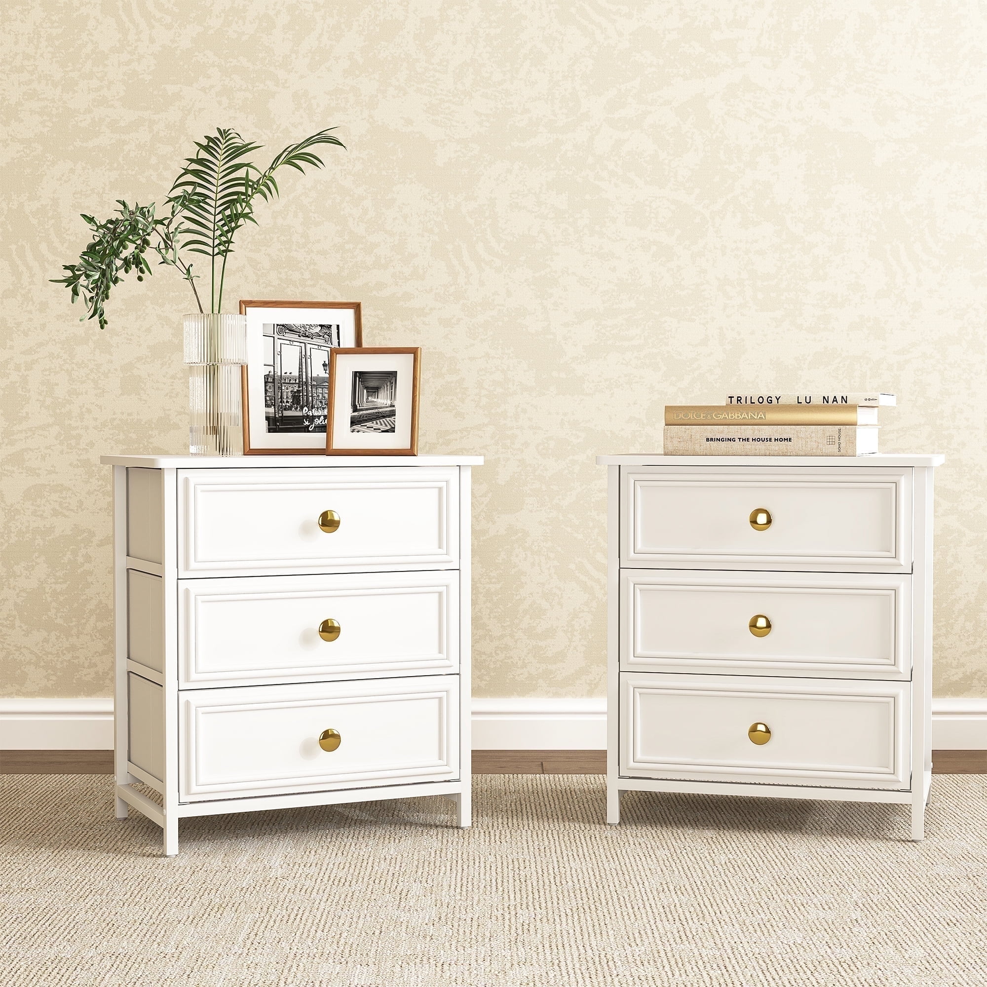 Demi Bonn Nightstand Set of 2, Bedside Table with 3 Decorated Drawers, Wood Accent Side End Table with Storage for Bedroom, White