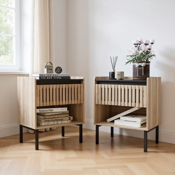Demi Bonn Nightstand Set of 2, Bedside Table with Decorated Drawers, Wood Accent Side End Table with Storage for Bedroom, Beige