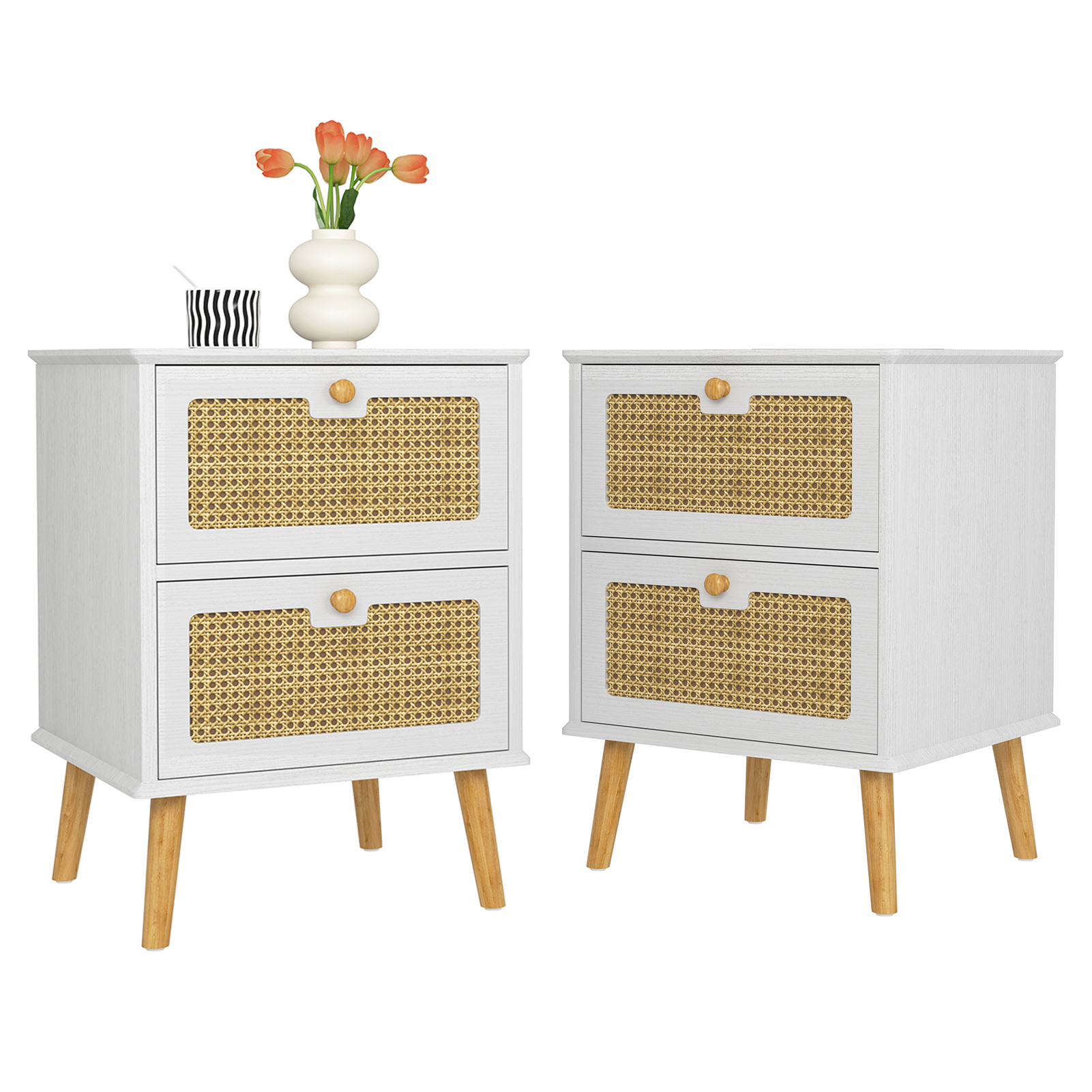 Finihen Nightstand Set of 2, End Table, Side Table with 2 Hand Made Rattan Decorated Drawers, Wood Accent Table with Storage for Bedroom, White Finihen Nightstand Set of 2, End Table, Side Table with 2 Hand Made Rattan Decorated Drawers, Wood Accent Table with Storage for Bedroom, White