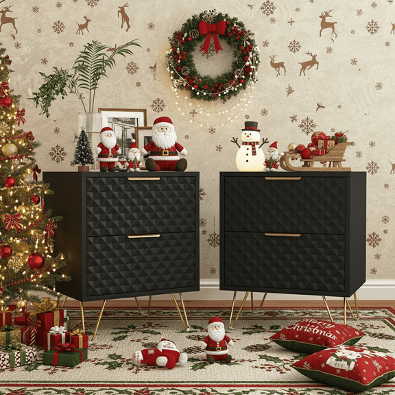 Demi Bonn Nightstand Set of 2, End Table with 2 Drawers, Dual Night Stand Metal Legs for Bedroom Living Room, for Living Room, Bedroom, Black