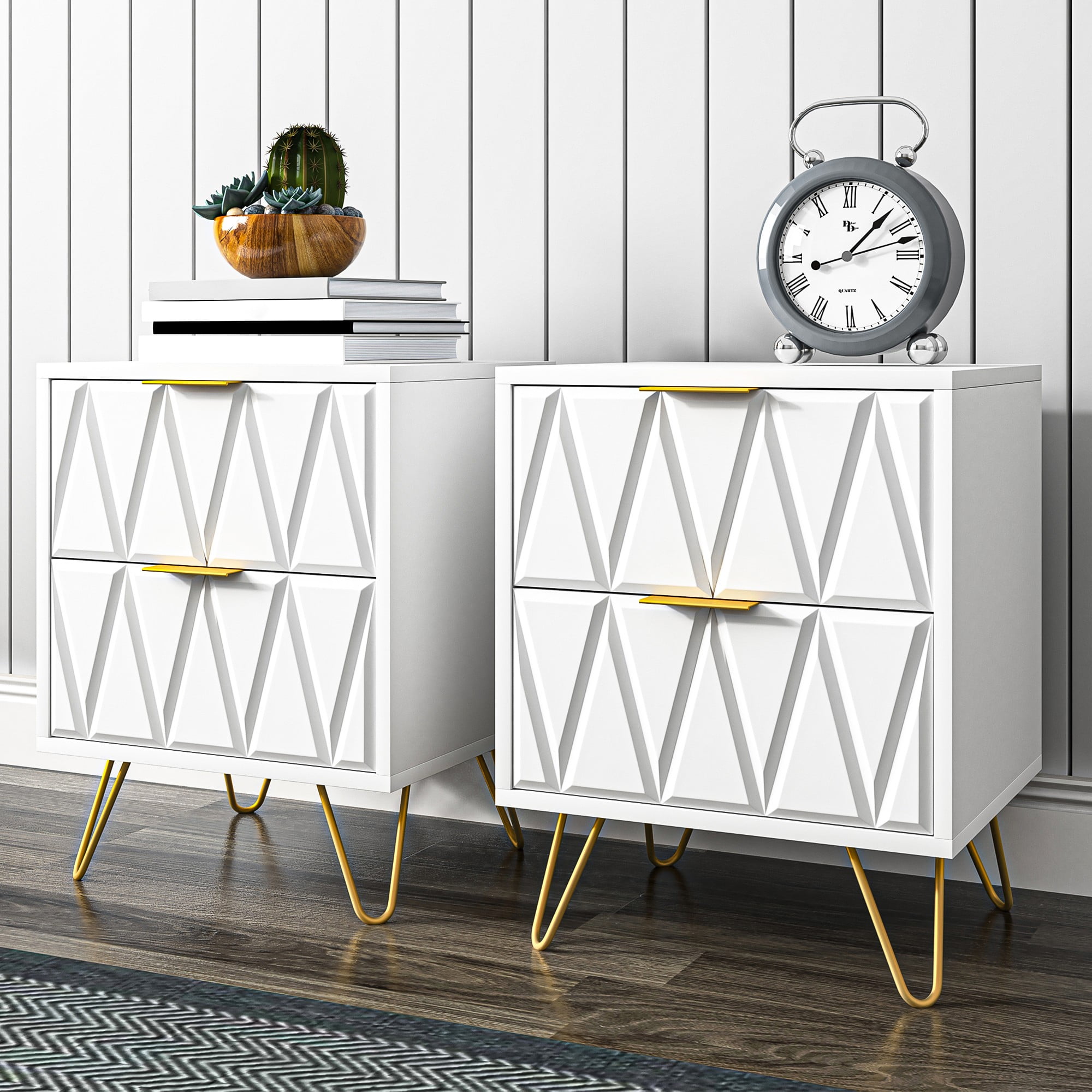 Finihen Nightstand Set of 2, End Table with 2 Drawers, Dual Night Stand with Metal Legs, 21" Tall for Bedroom Living Room, White Finihen Nightstand Set of 2, End Table with 2 Drawers, Dual Night Stand with Metal Legs, 21" Tall for Bedroom Living Room, White
