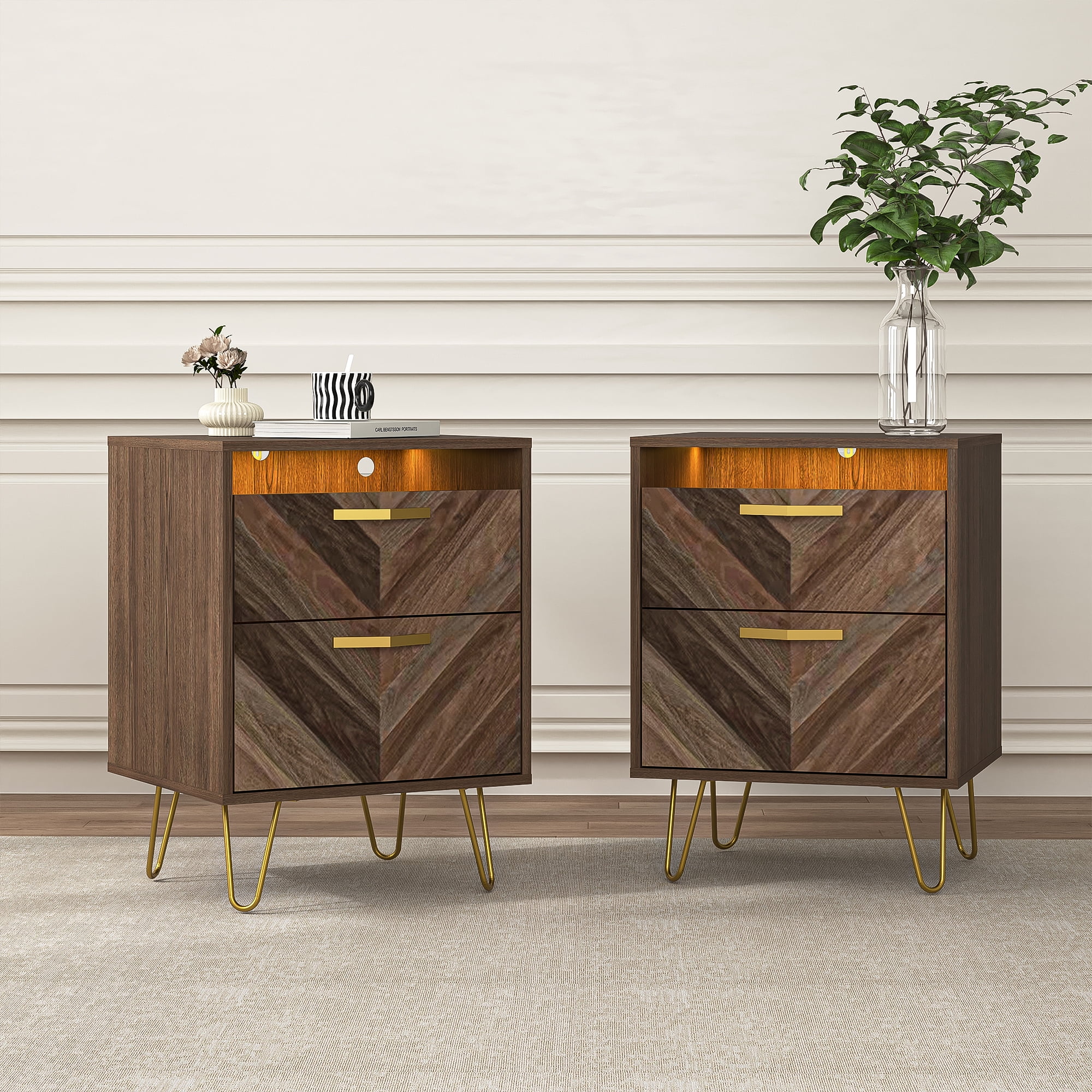 Finihen Nightstand Set of 2, End Table with 2 Drawers, Dual Night Stand with Metal Legs and LED Lights for Bedroom Living Room, Brown Finihen Nightstand Set of 2, End Table with 2 Drawers, Dual Night Stand with Metal Legs and LED Lights for Bedroom Living Room, Brown