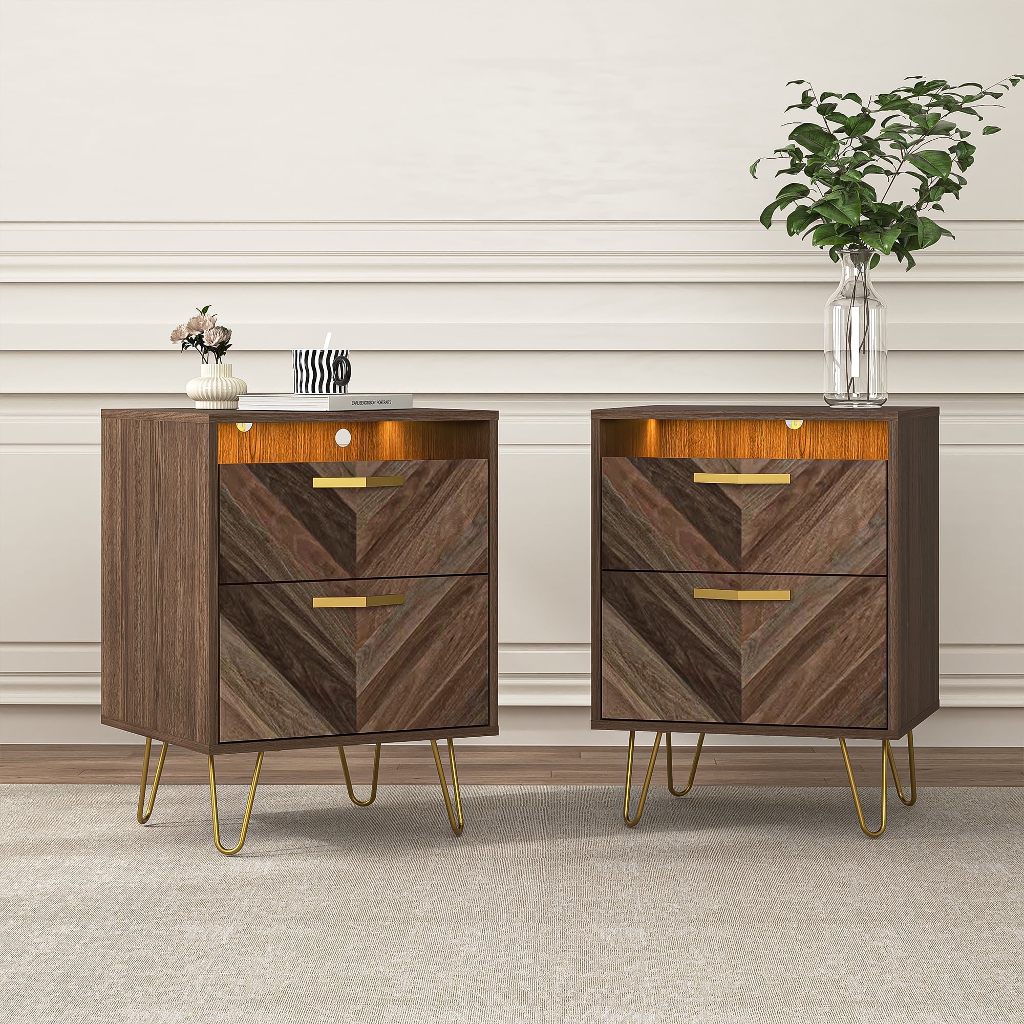 Demi Bonn Nightstand Set of 2, End Table with 2 Drawers, Dual Night Stand with Metal Legs and LED Lights for Bedroom Living Room, Brown