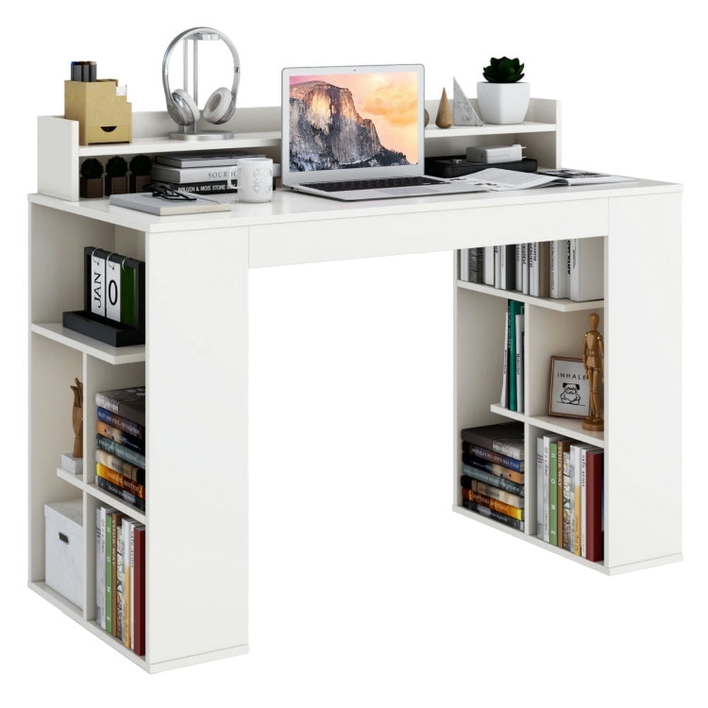 Demi Bonn Office Computer Desk with Dual 3 Tier Bookshelf and Monitor Shelf, Small Home Office Desk Study Writing Table, White