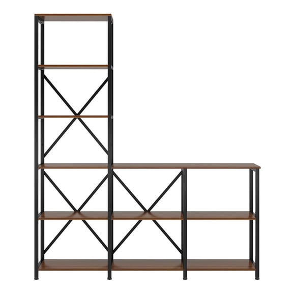 Demi Bonn Open Bookshelf with 9-Shelf, Wood and Metal Bookcase Storage Organizer, 70" Tall Display Standing Shelf Unit for Bedroom, Living Room, Brown
