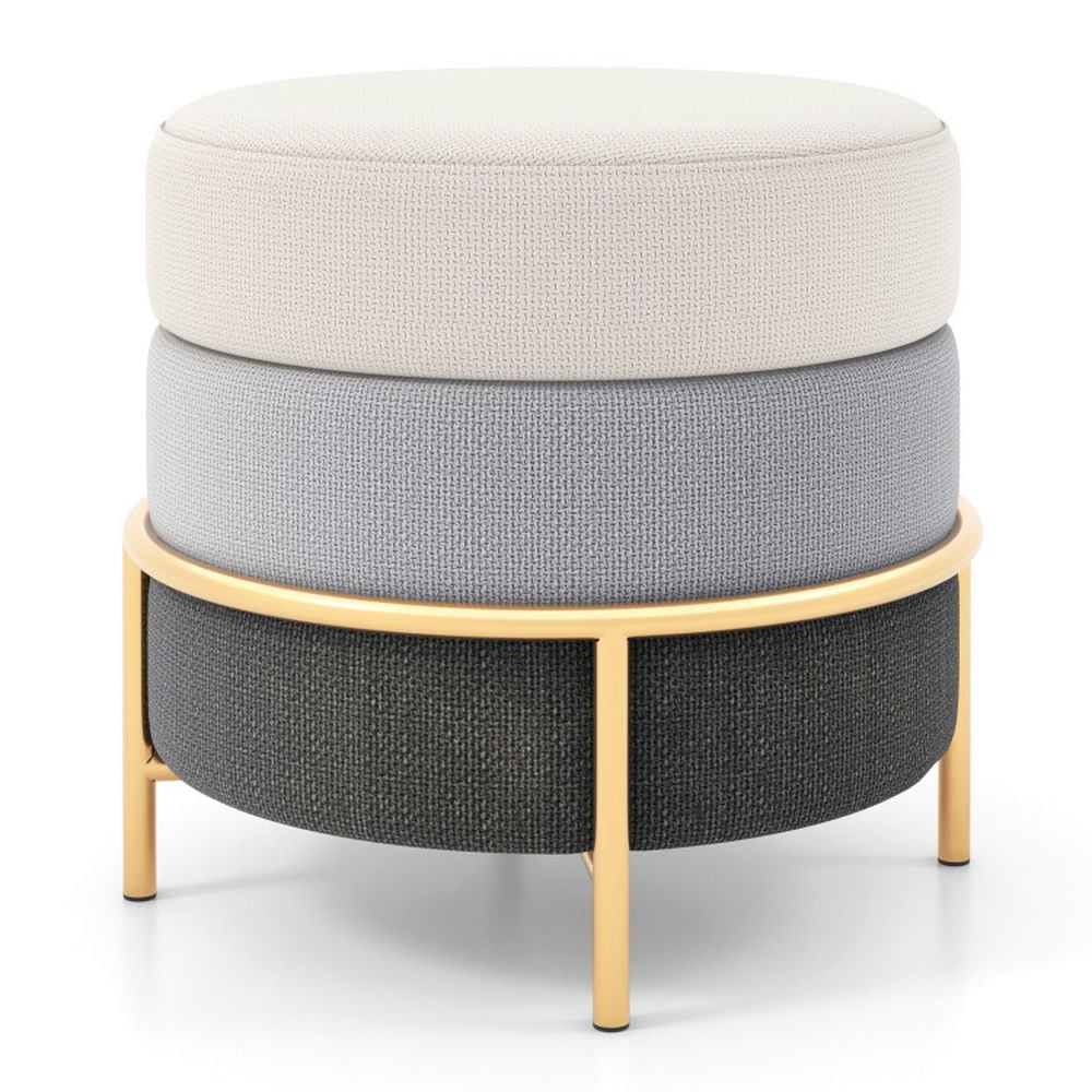 Finihen Ottoman, Foot Stool, Upholstered Round Ottoman, Upholstered Linen Fabric Ottoman with Gold Metal Legs and Anti-slip Foot Pads, for Living Room, Bedroom, Makeup Room, Gray