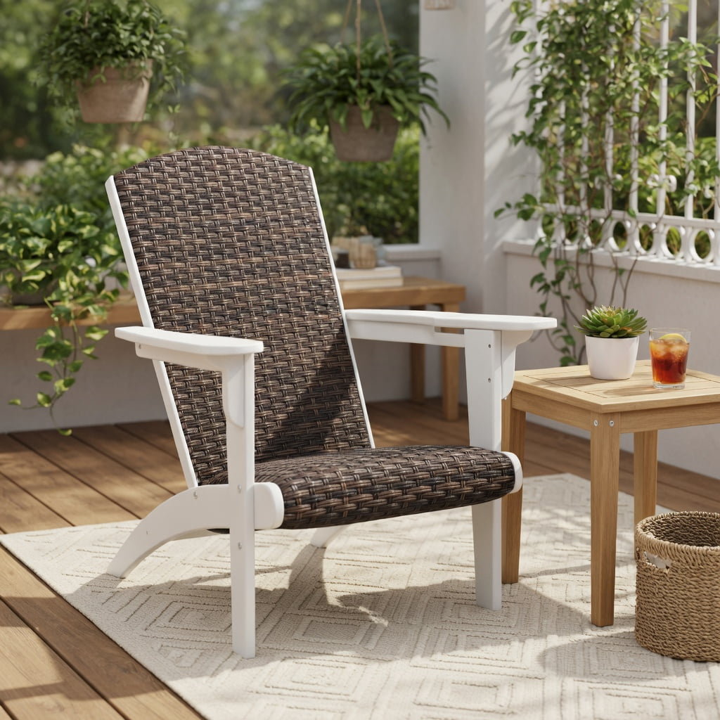 Demi Bonn Outdoor Adirondack Chair with Rattan Padded Seat and Hidden Cupholder, Fire Pit Lounge Chairs for Yard, Garden, Patio, White