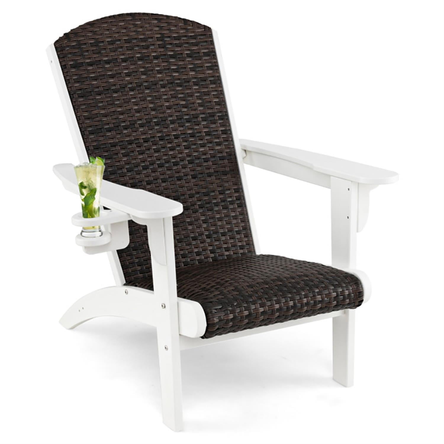 Demi Bonn Outdoor Adirondack Chair with Rattan Padded Seat and Hidden Cupholder, Fire Pit Lounge Chairs for Yard, Garden, Patio, White