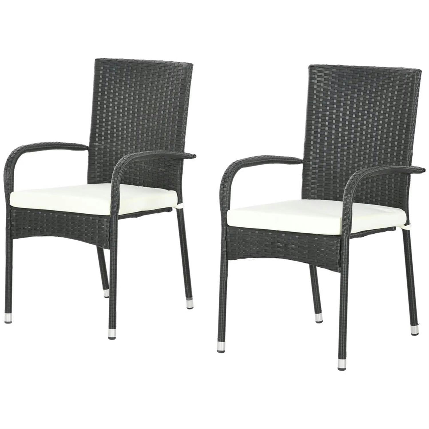 Demi Bonn Outdoor Dining Chairs Set of 2 with Armrests & Backrest, Stackable PE Rattan Patio Dining Room Chairs with Cushion for Garden, Backyard, Lawn, Black
