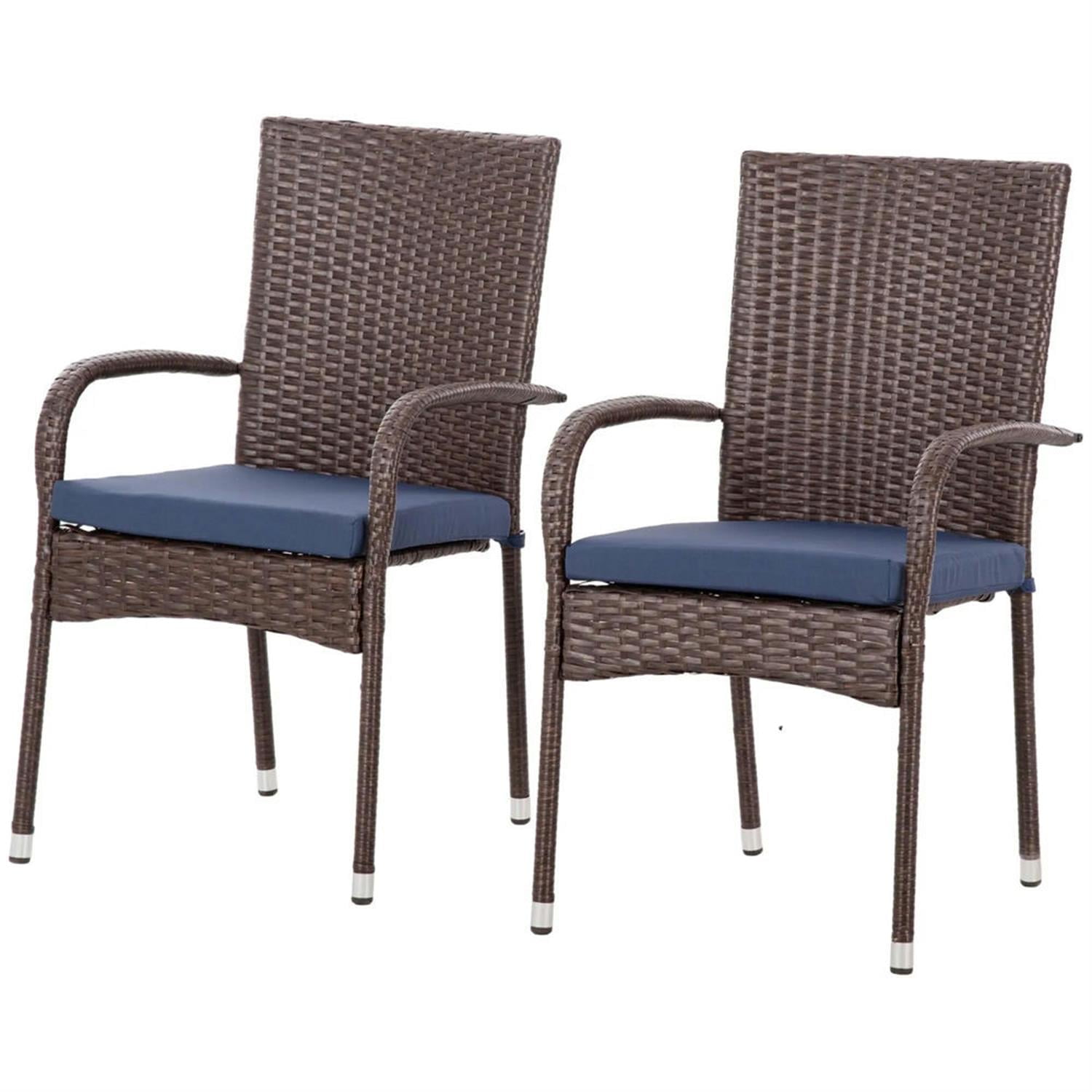 Demi Bonn Outdoor Dining Chairs Set of 2 with Armrests & Backrest, Stackable PE Rattan Patio Dining Room Chairs with Cushion for Garden, Backyard, Lawn, Brown