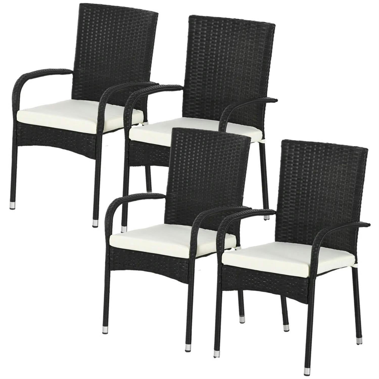 Demi Bonn Outdoor Dining Chairs Set of 4 with Armrests & Backrest, Stackable PE Rattan Patio Dining Room Chairs with Cushion for Garden, Backyard, Lawn, Black