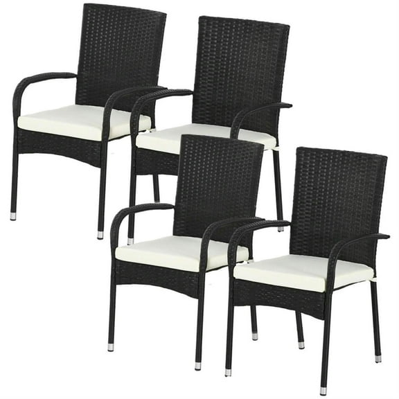 Demi Bonn Outdoor Dining Chairs Set of 4 with Armrests & Backrest, Stackable PE Rattan Patio Dining Room Chairs with Cushion for Garden, Backyard, Lawn, Black
