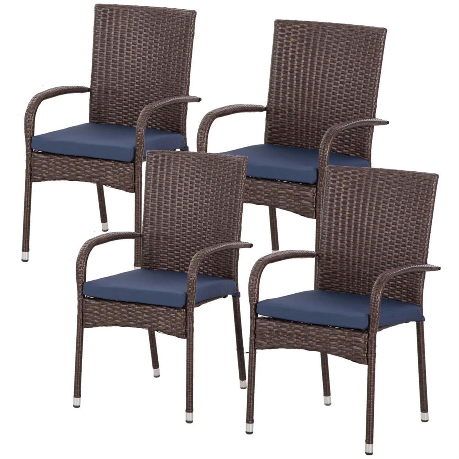 Demi Bonn Outdoor Dining Chairs Set of 4 with Armrests & Backrest, Stackable PE Rattan Patio Dining Room Chairs with Cushion for Garden, Backyard, Lawn, Brown