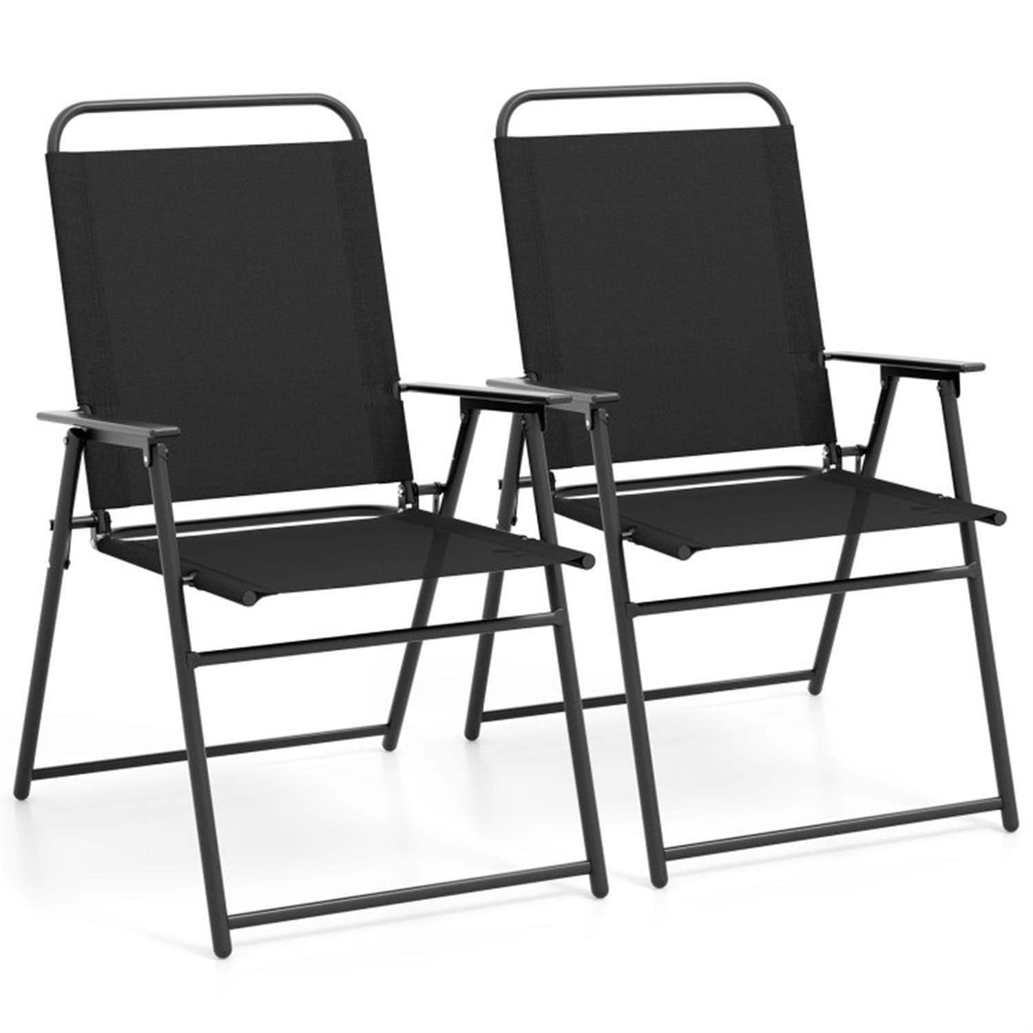 Demi Bonn Outdoor Folding Sling Chairs Set of 2 with Armrest and Backrest, Outdoor Accent Furniture Lounge Chairs for Yard, Garden, Patio, Black