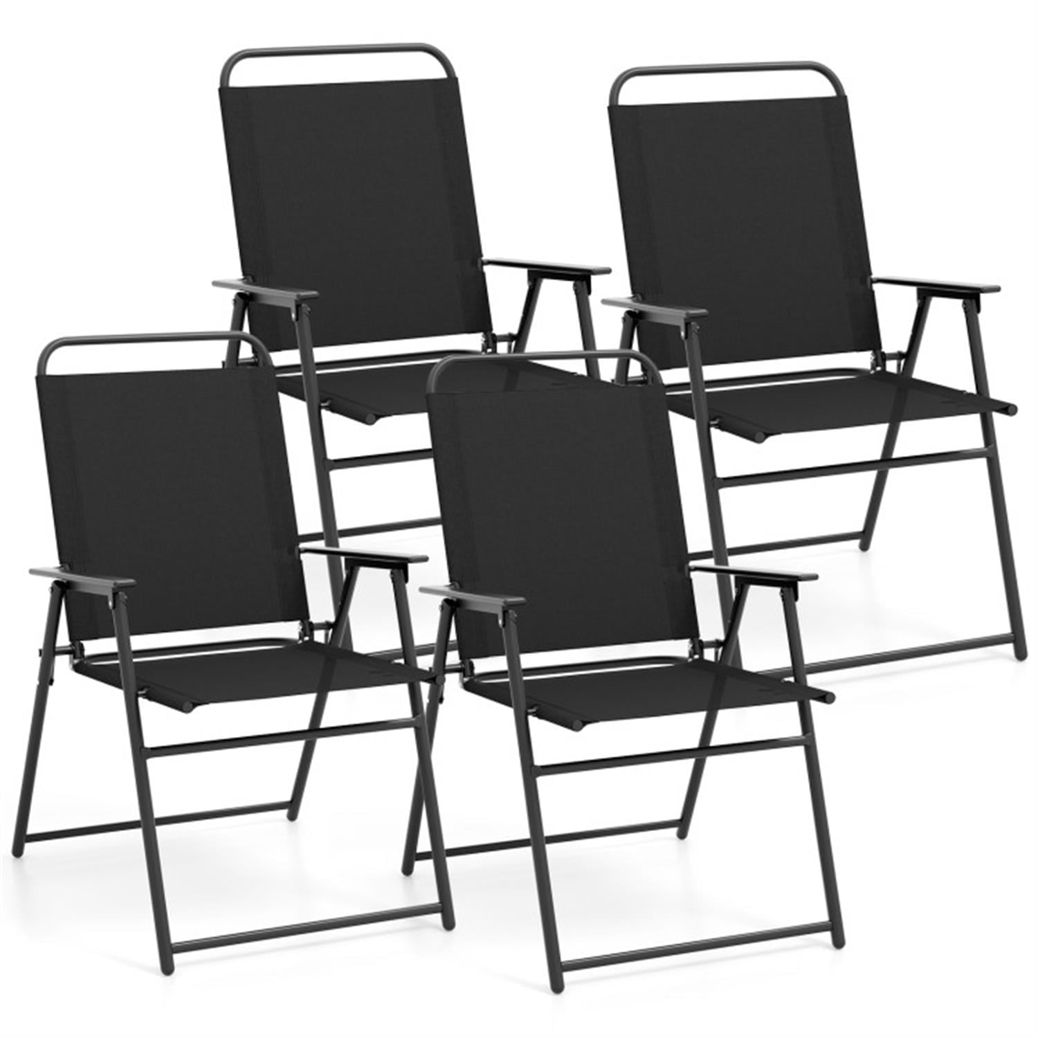 Demi Bonn Outdoor Folding Sling Chairs Set of 4 with Armrest and Backrest, Outdoor Accent Furniture Lounge Chairs for Yard, Garden, Patio, Black
