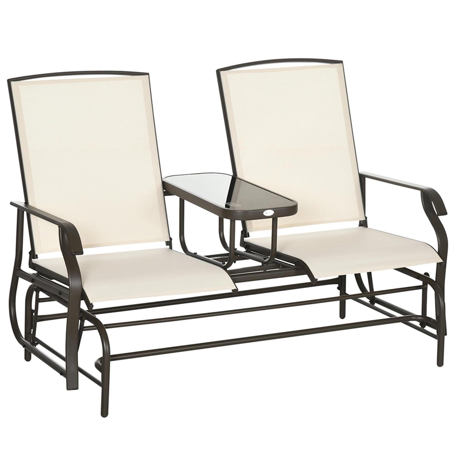 Demi Bonn Outdoor Glider Chairs with Center Table, Metal Frame Patio Loveseat Bench with Breathable Mesh Fabric and Armrests for Backyard Garden Porch, Beige
