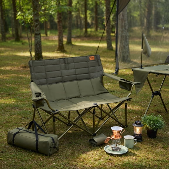 Demi Bonn Outdoor Oversized Camping Chair with Cup Holders and Thick Padding, Folding Loveseat Camping Couch for Yard, Garden, Patio, Green