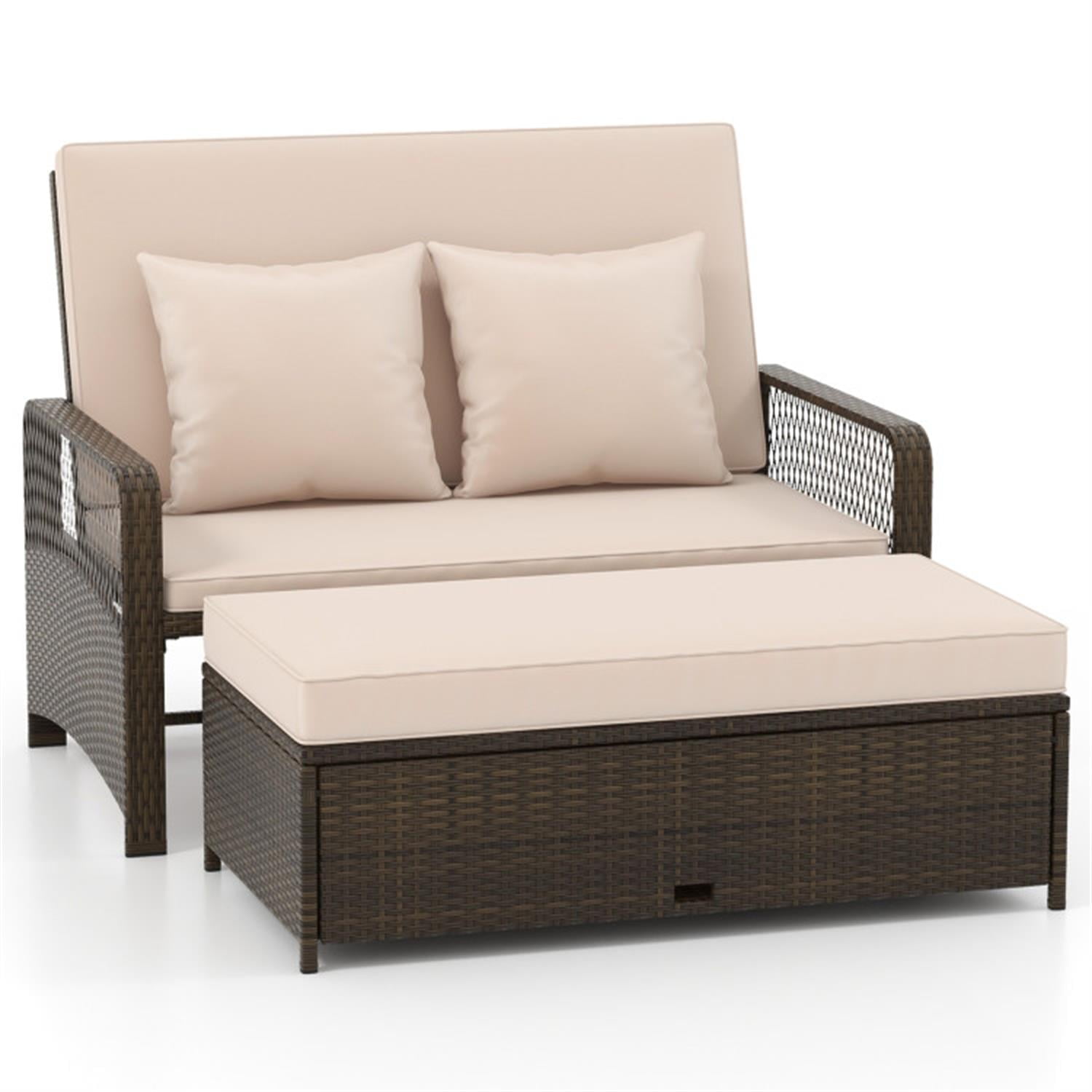 Demi Bonn Outdoor Patio Adjustable Wicker Daybed with 4-Level Backrest and Soft Cushions, Conversation Loveseats for Garden Poolside Balcony, Beige