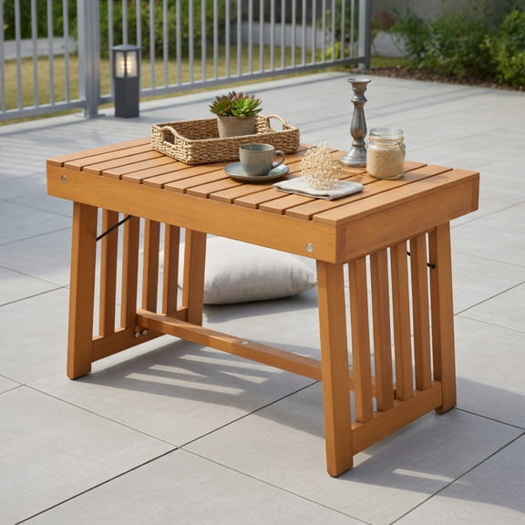 Demi Bonn Outdoor Patio Foldable Side Table with Slatted Tabletop for Backyard, Portable End Table, Beige