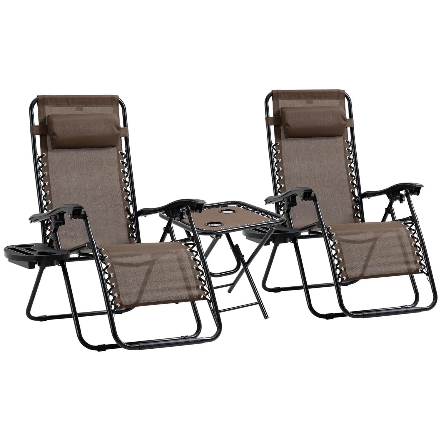 Demi Bonn Outdoor Zero Gravity Chair Set with Side Table, Folding Reclining Chair with Cupholders, Pillows, Adjustable Lounge Chair for Pool, Backyard, Lawn, Brown