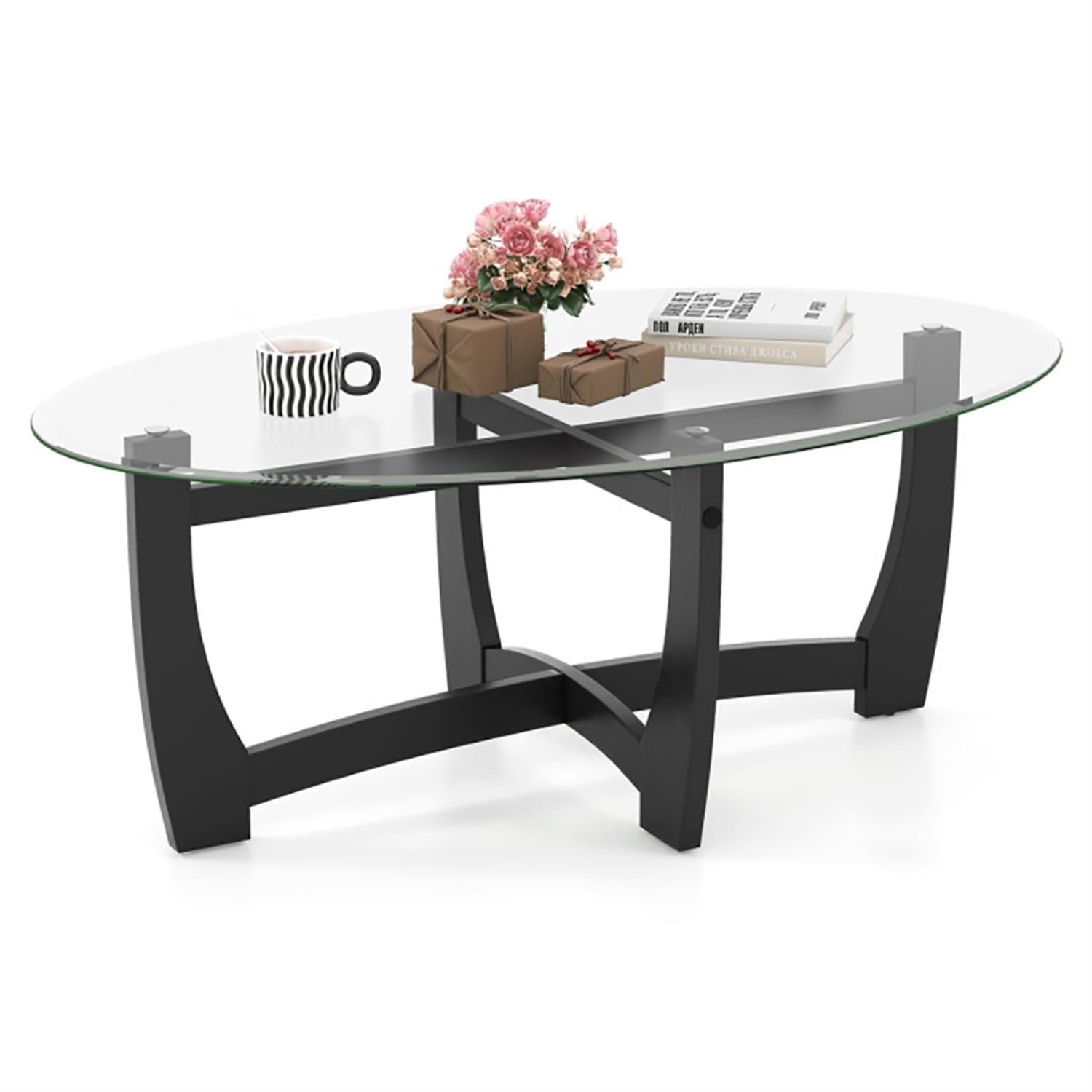Demi Bonn Oval Coffee Table, Dining Center Tables with Tempered Glass Tabletop and Rubber Wood Legs for Living Room, Bedroom, Office and Balcony, Black