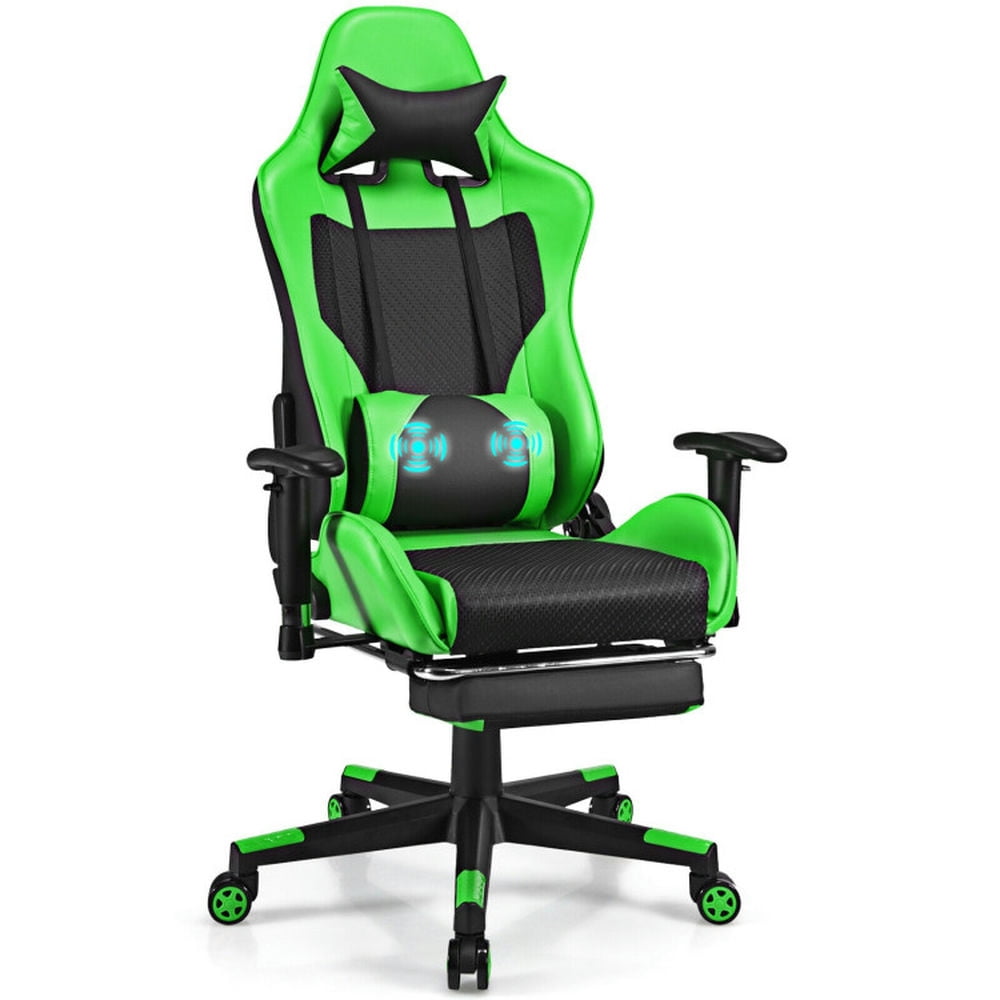 Finihen PU Leather Gaming Chair with USB Massage Lumbar Pillow and Footrest, Computer Chair for Office or Gaming, Green Finihen PU Leather Gaming Chair with USB Massage Lumbar Pillow and Footrest, Computer Chair for Office or Gaming, Green