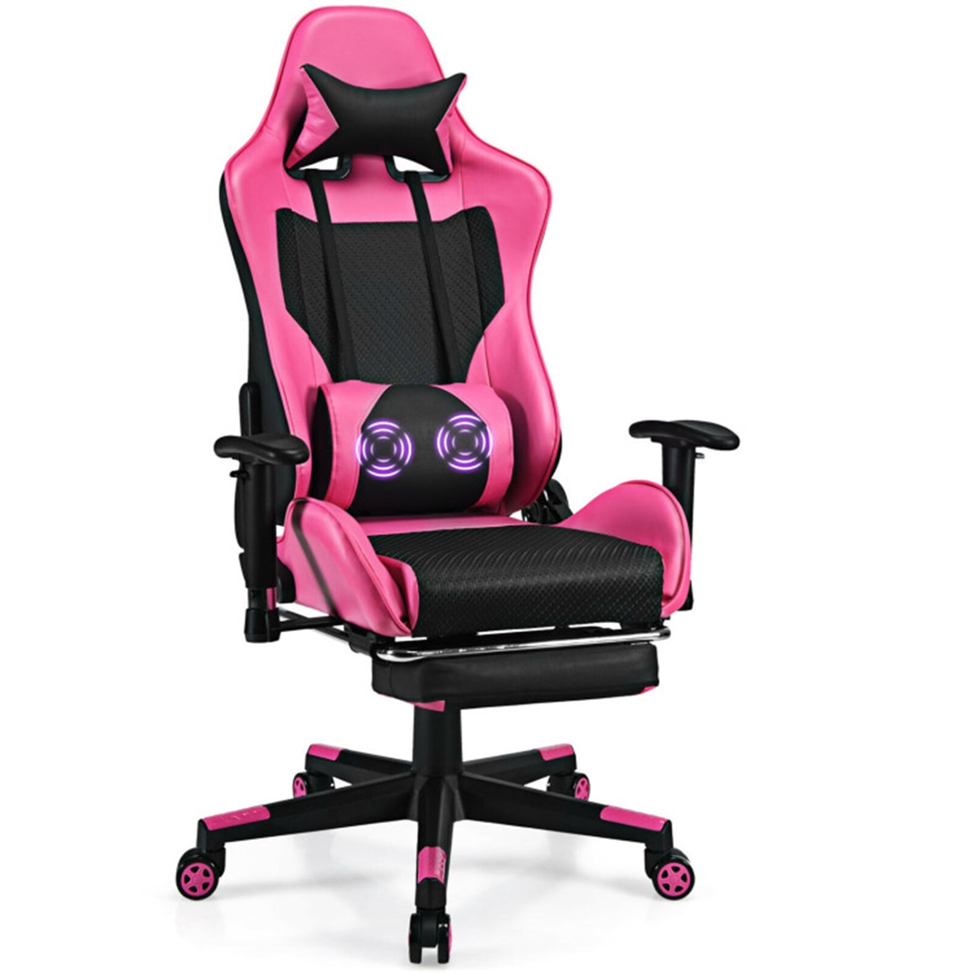 Finihen PU Leather Gaming Chair with USB Massage Lumbar Pillow and Footrest, Computer Chair for Office or Gaming, Pink